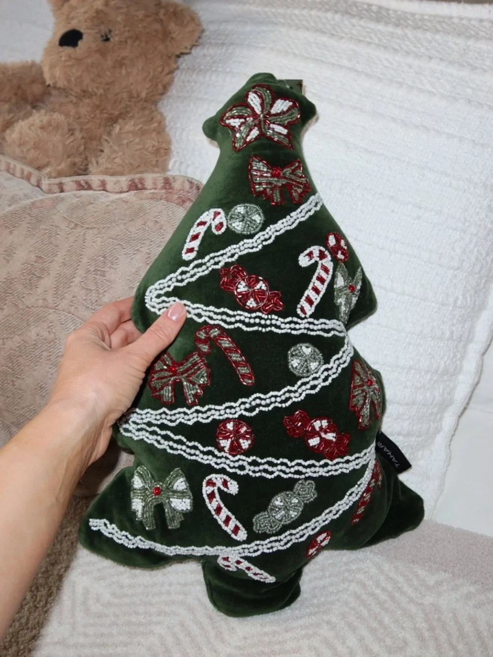 Tahari Green Velvet Christmas Tree Pillow with Red & White Embroidery